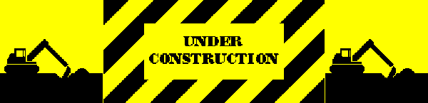Two simplified industrial construction machines bracket a rectangle of warning tape which contains the words UNDER CONSTRUCTION  